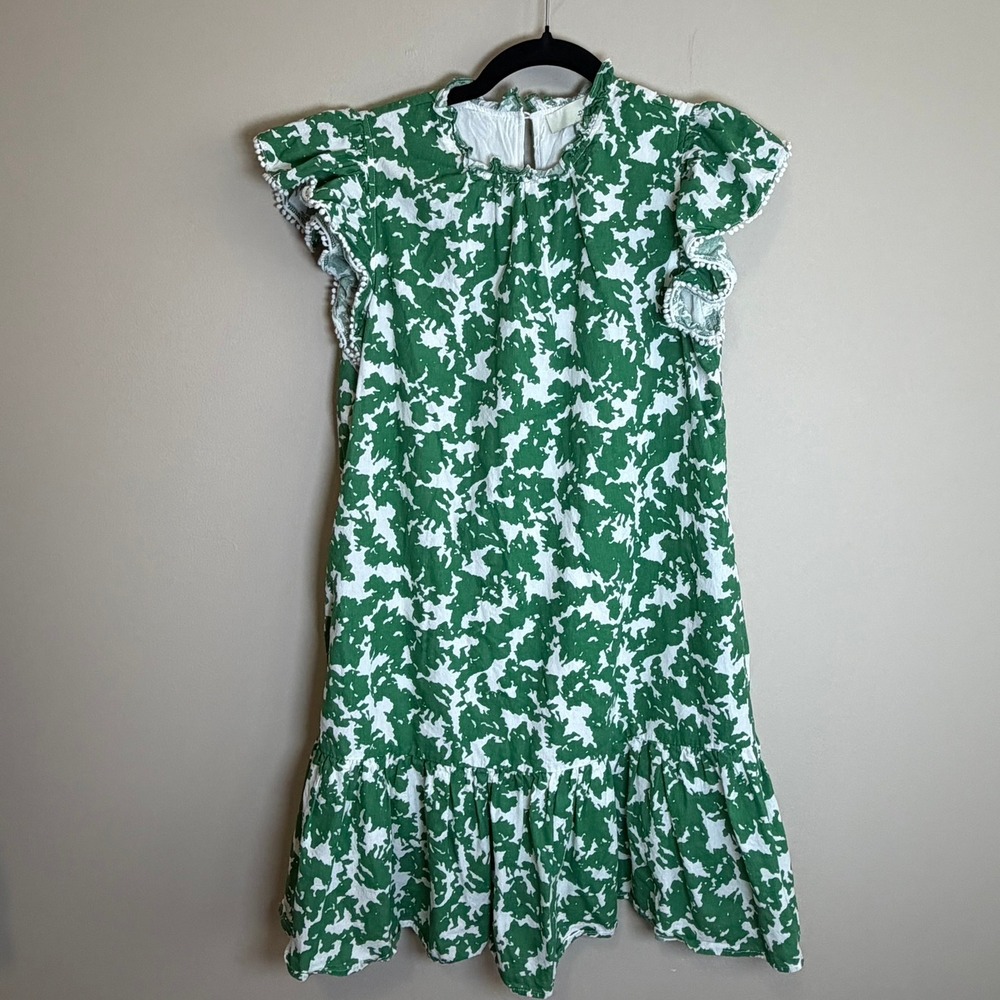 Pinch Mini Dress Green White Abstract Ruffle Flutter Sleeve Size M